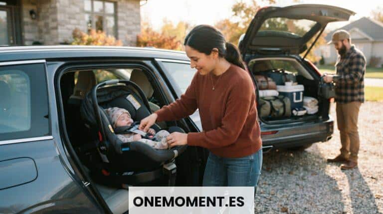 Adulto preparando una silla de coche antes de viajar con un bebé